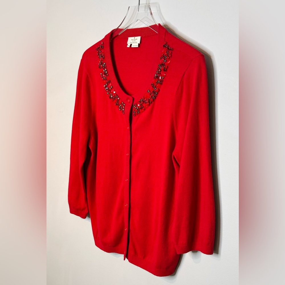 Kate Spade Caroline Vibrant Red Rhinestone Trim Wool Blend Cardigan Sweater Top - Picture 5 of 12